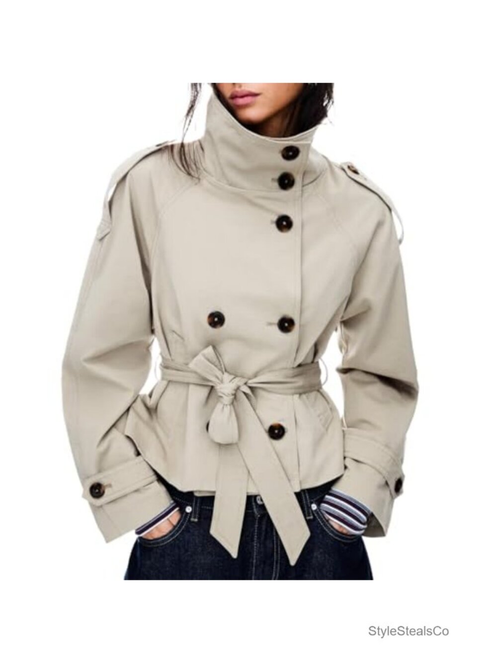 Women's Cropped Trench Coat Double Breasted Short Jacket with Belt Fall Trendy